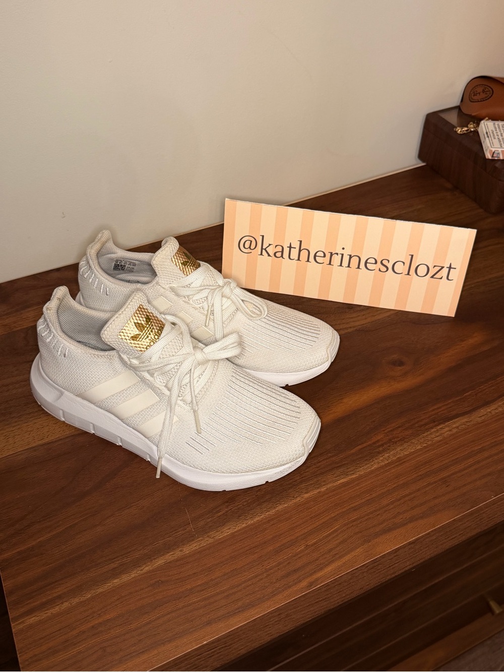 adidas Kids White Knit Sneakers with Gold Logo Accent